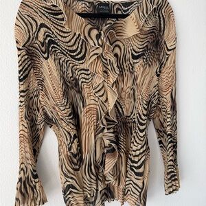 American Vintage Beige and Black Ruffled Button-Front Blouse